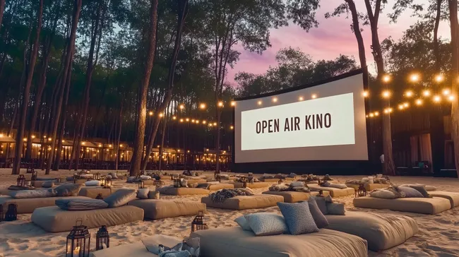 Romantisches Open-Air-Kino im Wald bei Dämmerung