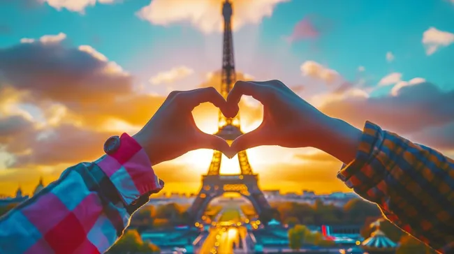 Romantisches Paar genießt Pariser Sonnenuntergang am Eiffelturm