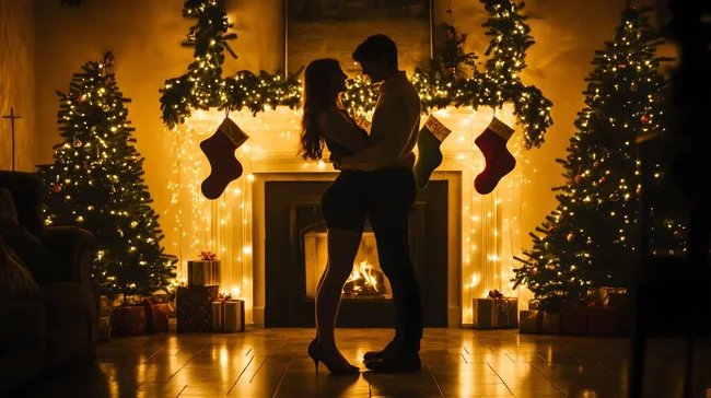 Romantisches Paar tanzt vor weihnachtlich dekoriertem Kamin