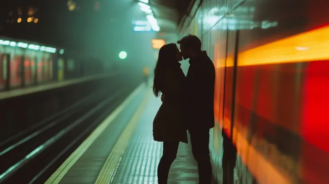 Romantisches Pärchen küsst sich an U-Bahn-Station