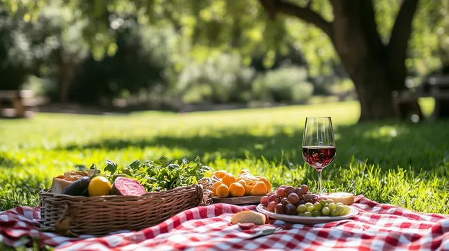 Romantisches Picknick mit frischem Obst und Wein