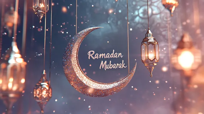 Romantisches Ramadan-Grußbild mit Halbmond und Laternen