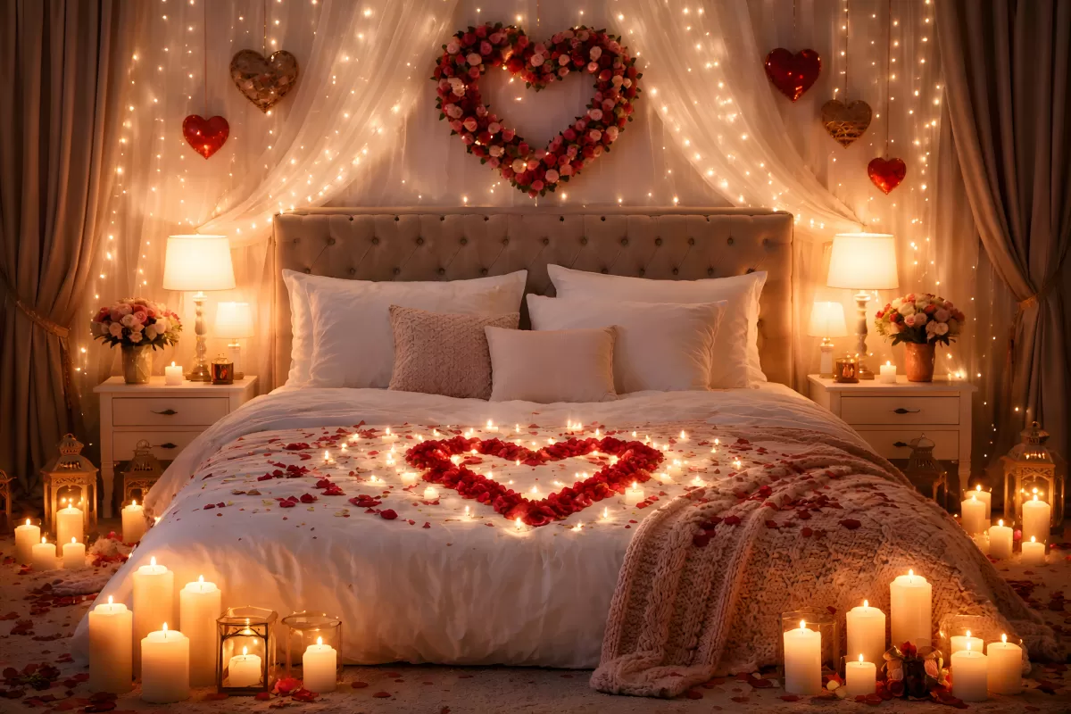 Romantisches Schlafzimmer mit Kerzen und Rosenblättern