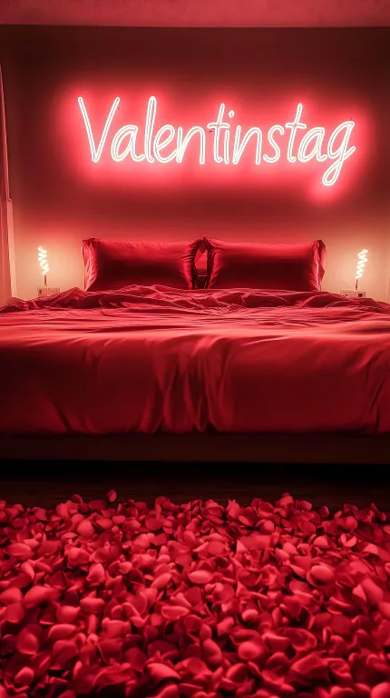 Romantisches Schlafzimmer mit roter Beleuchtung und Rosenblättern
