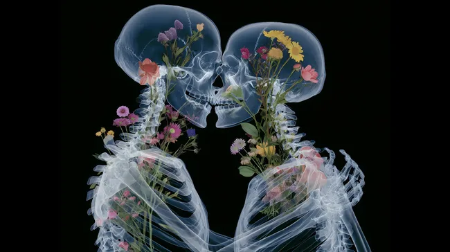 Romantisches Skelett-Paar mit Blumen umrankt