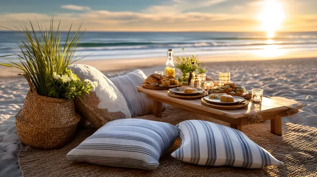 Romantisches Strandpicknick bei Sonnenuntergang