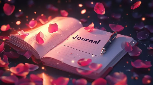 Romantisches Tagebuchsetting mit roten Rosenblüten