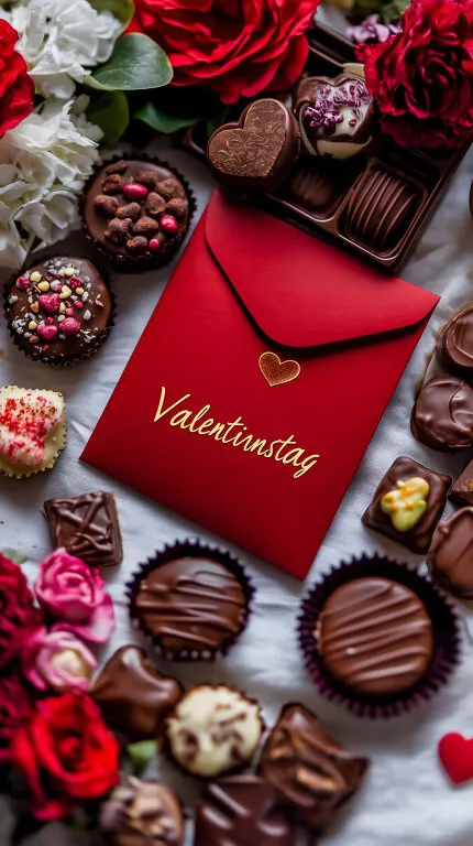 Romantisches Valentinstag-Arrangement mit Schokolade, Rosen und rotem Kuvert