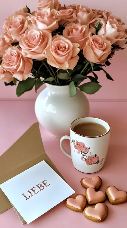 Romantisches Valentinstag-Stillleben mit Rosen und Kaffee