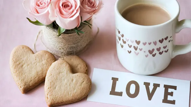 Romantisches Valentinstagsszenario mit Kaffee und Plätzchen