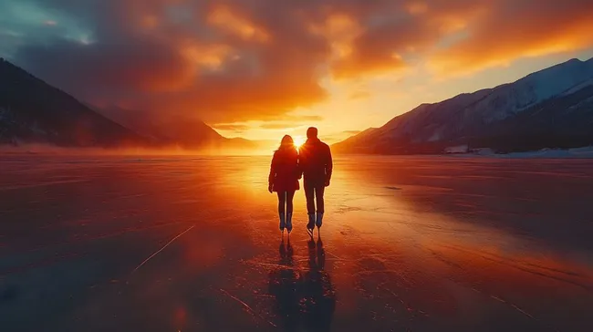 Romantisches Winterpanorama mit Paar am gefrorenen See