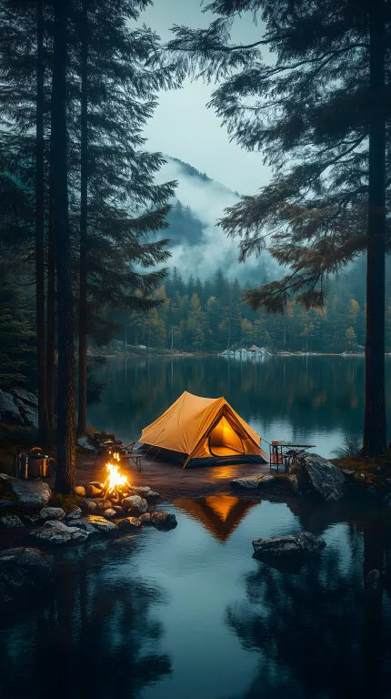 Romantisches Zelten am See in den Bergen