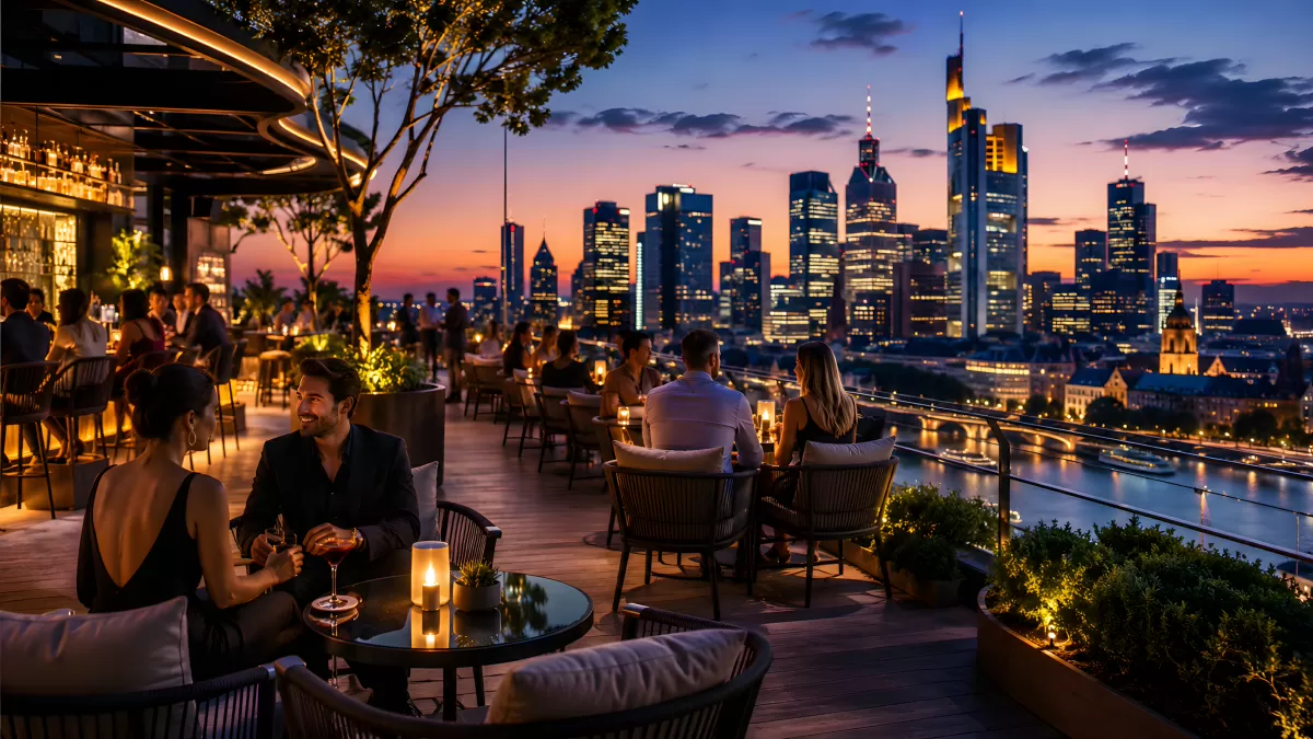 Rooftop-Bar mit Frankfurter Skyline bei Sonnenuntergang