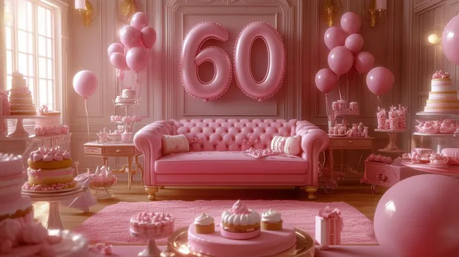 Rosa 60. Geburtstagsfest mit Kuchen und Luftballons