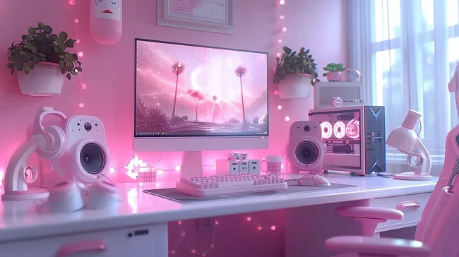 Rosa beleuchteter Gaming-Arbeitsplatz mit Zubehör