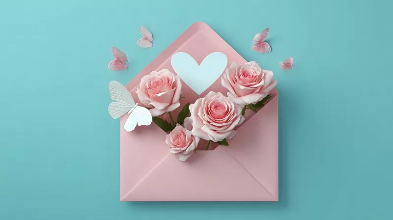 Rosa Briefumschlag mit Rosen und Schmetterlingen