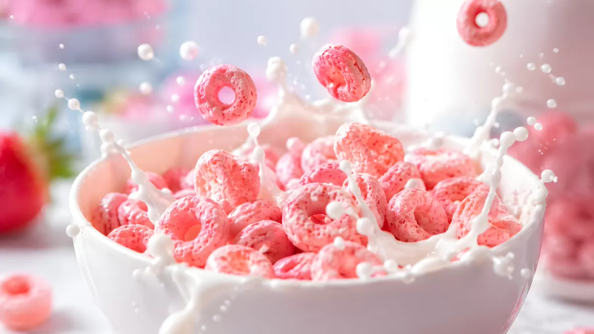 Rosa Cerealien planschen in Milch – Frühstücksbowl