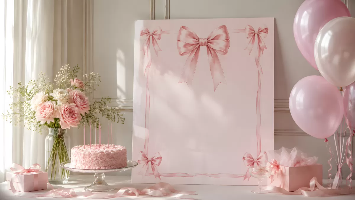 Rosa Geburtstagsdekoration mit Torte und Schleifen