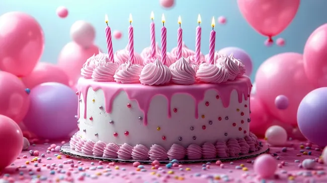 Rosa Geburtstagstorte mit Kerzen und Luftballons