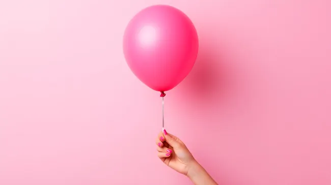 Rosa Luftballon in der Hand vor einfarbigem Hintergrund