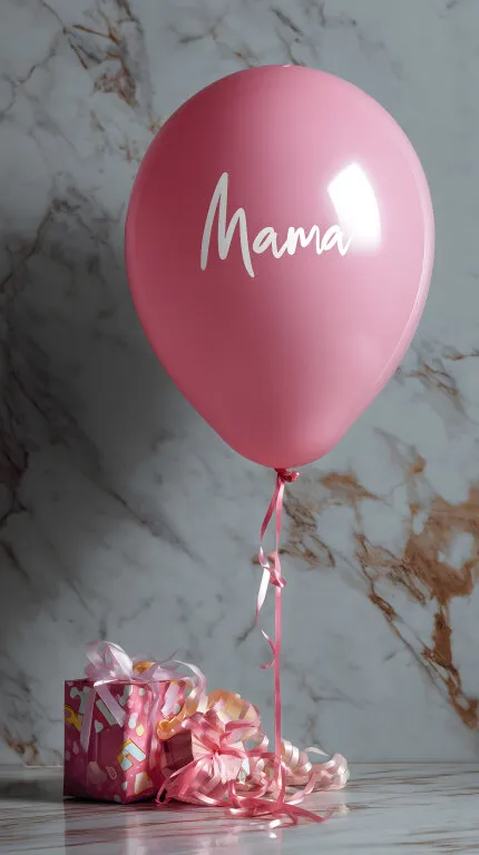 Rosa Muttertagsballon mit Geschenkbox auf Marmoroptik