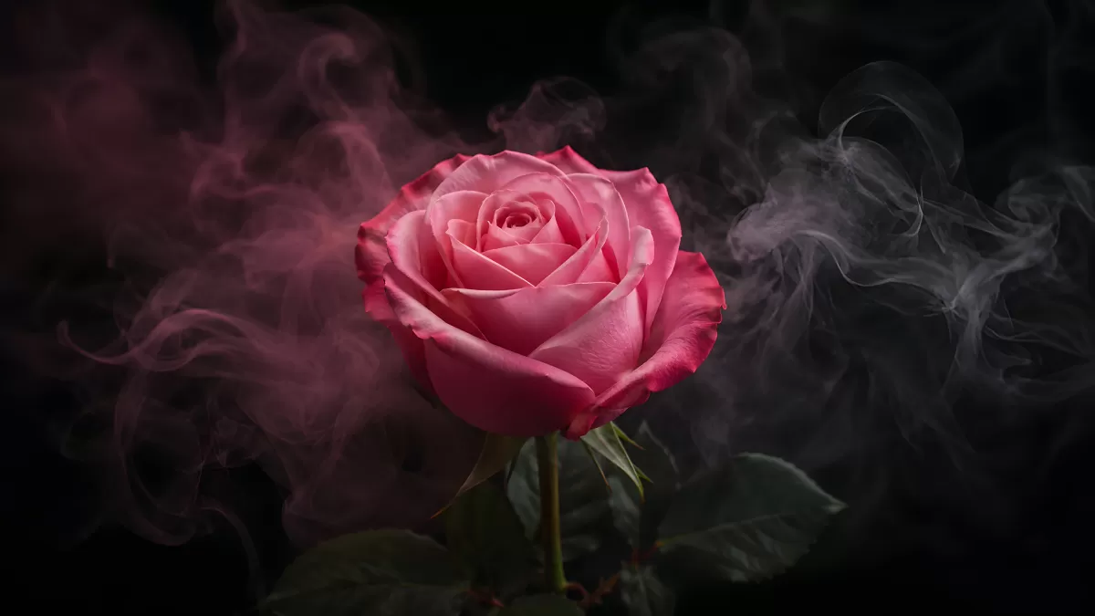 Rosa Rose mit Rauch auf schwarzem Hintergrund