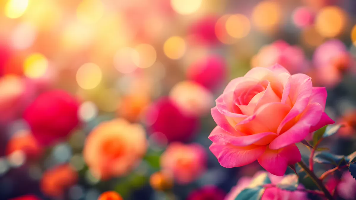Rosa Rosenblüte im Sonnenlicht vor buntem Bokeh