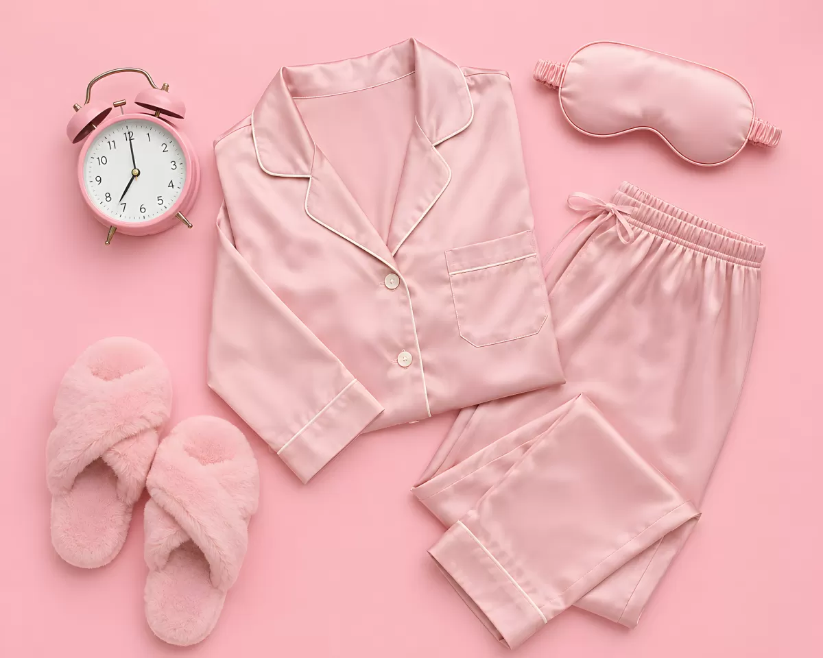 Rosa Schlafanzug-Set mit Pantoffeln und Wecker