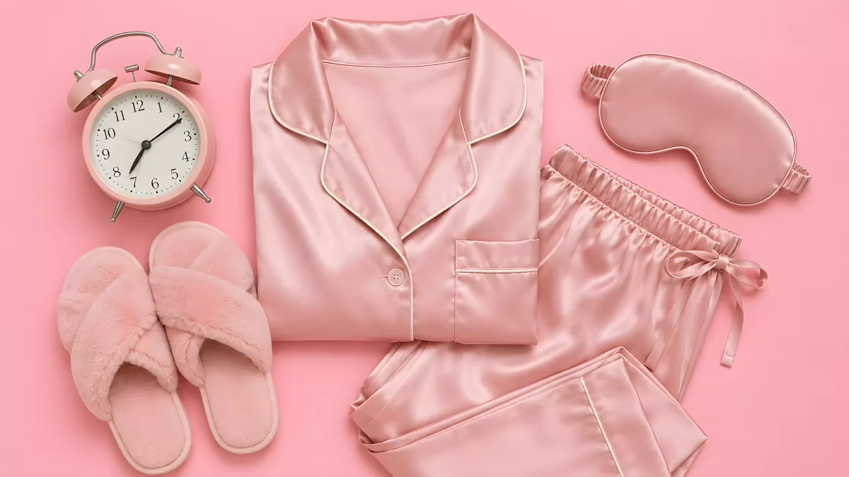 Rosa Schlafanzug-Set mit Uhr und Hausschuhen