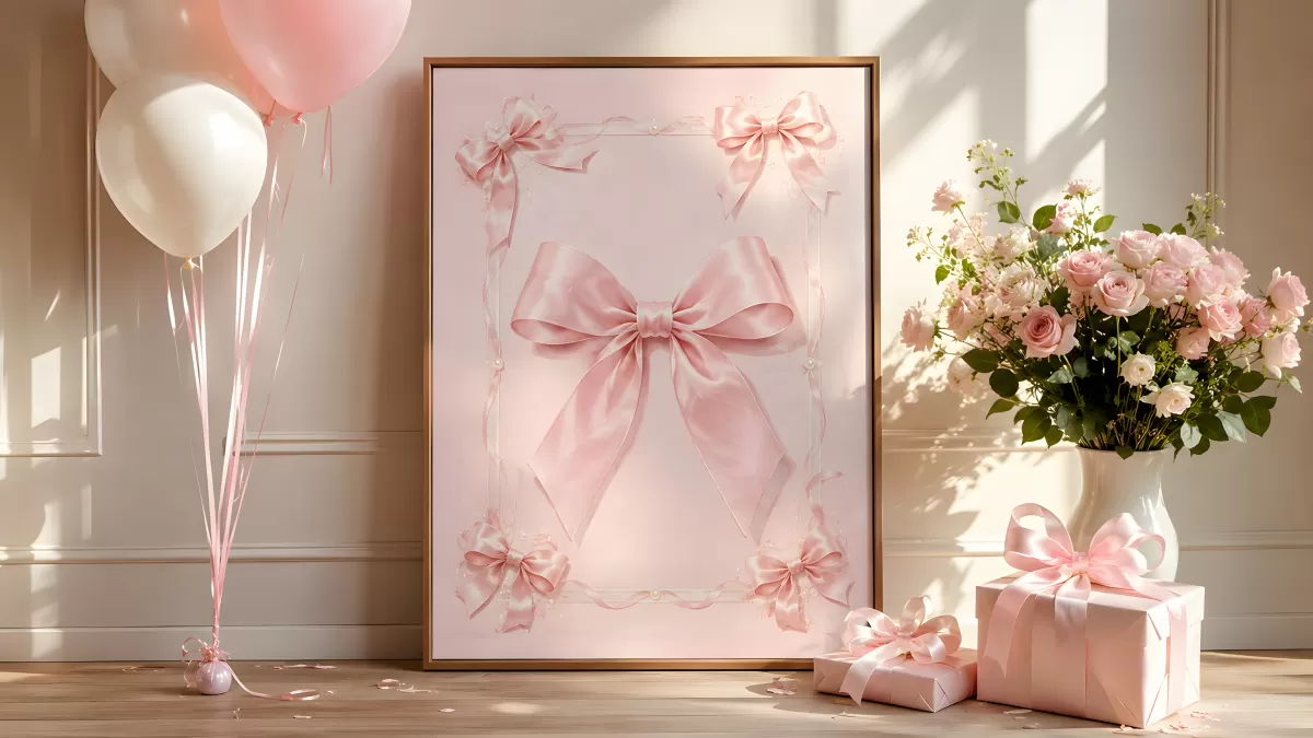 Rosa Schleifendeko mit Ballons, Rosen und Geschenken