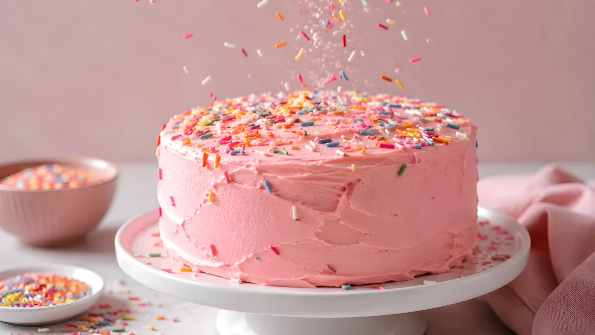 Rosa Torte mit bunten Streuseln wird dekoriert