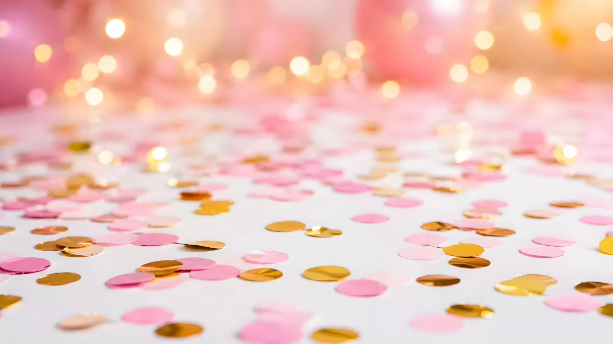 Rosa und goldene Konfetti-Kreise auf weißem Untergrund