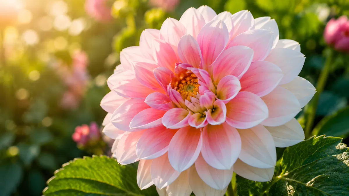 Rosafarbene Dahlie in voller Blüte im Sommergarten