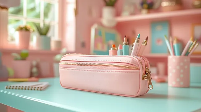 Rosafarbene Federtasche mit Schreibwaren auf farbigem Schreibtisch