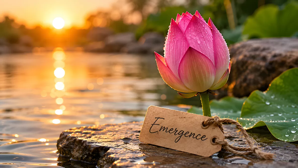 Rosafarbene Lotusblüte mit Emergence-Schild bei Sonnenuntergang