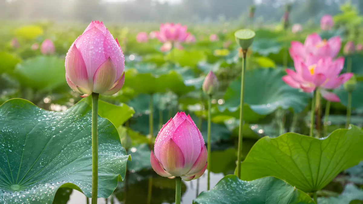 Rosafarbene Lotusblüten mit Wassertropfen im Teich
