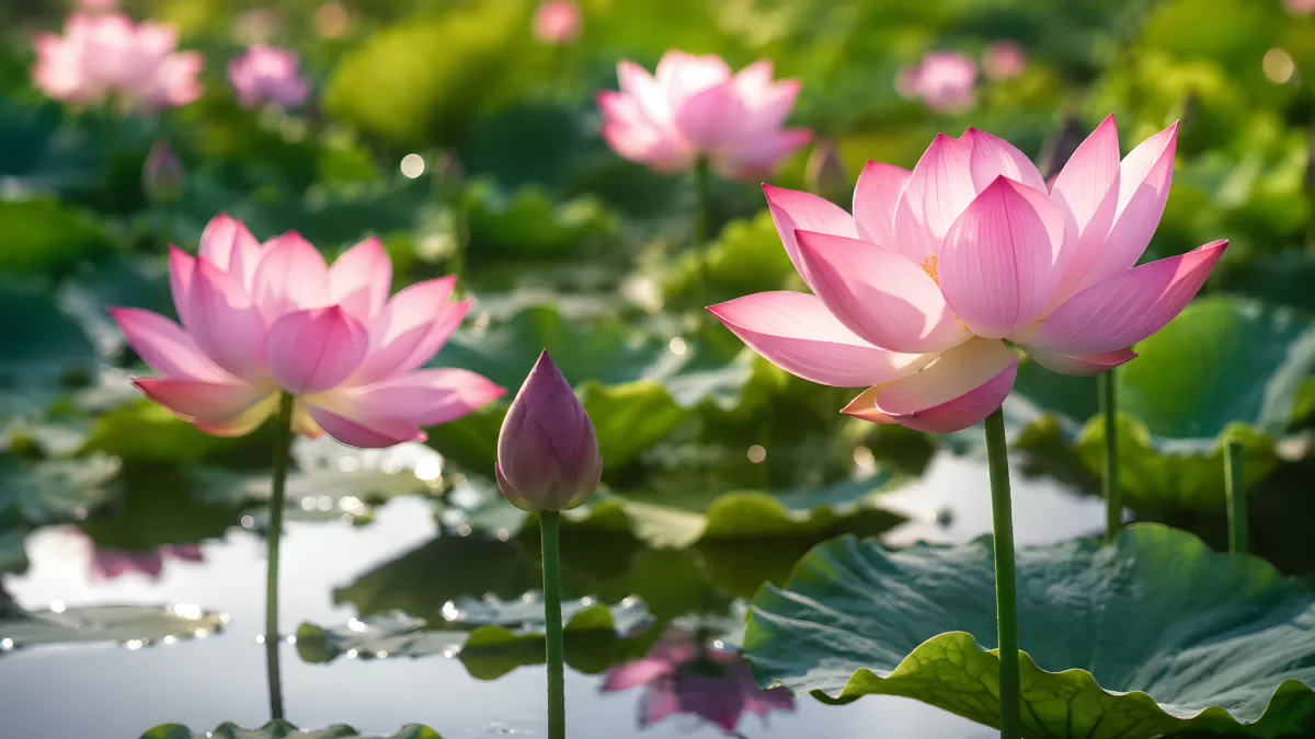Rosafarbene Lotusblüten spiegeln sich im Teich