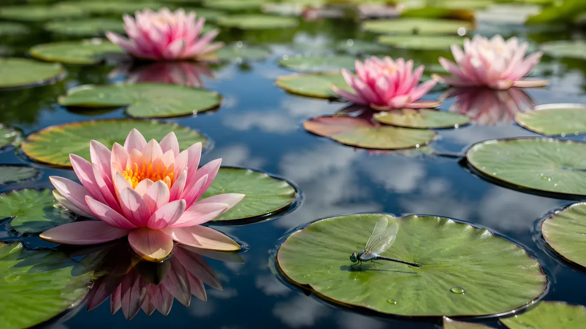 Rosafarbene Seerosen auf ruhigem Teich mit Libelle