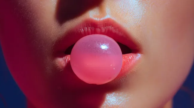 Rosafarbene Seifenblase vor roten Lippen