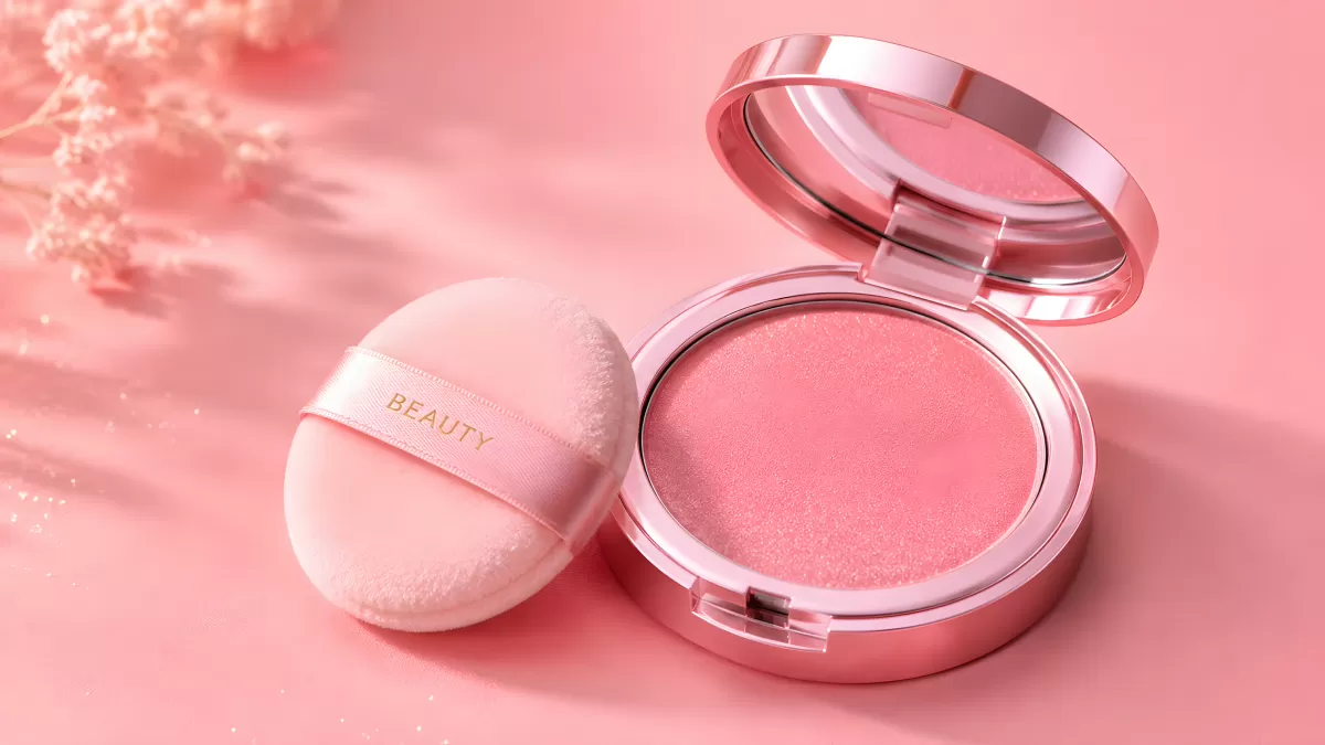 Rosafarbener Blush-Kompakt mit Puderpuff auf rosa Hintergrund