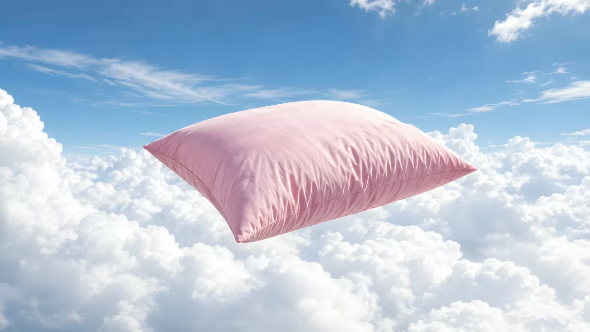 Rosafarbenes Kissen schwebt zwischen weißen Wolken