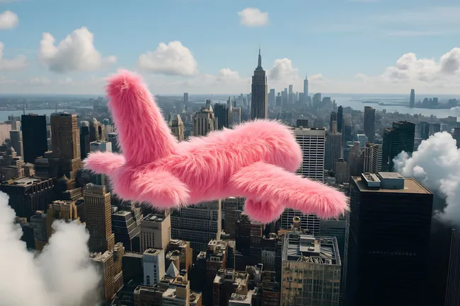 Rosafarbenes Plüschflugzeug über Skyline von New York City