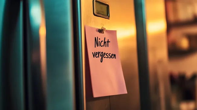 Rosaroter Haftzettel mit Deutscher Aufschrift am Kühlschrankmagnet