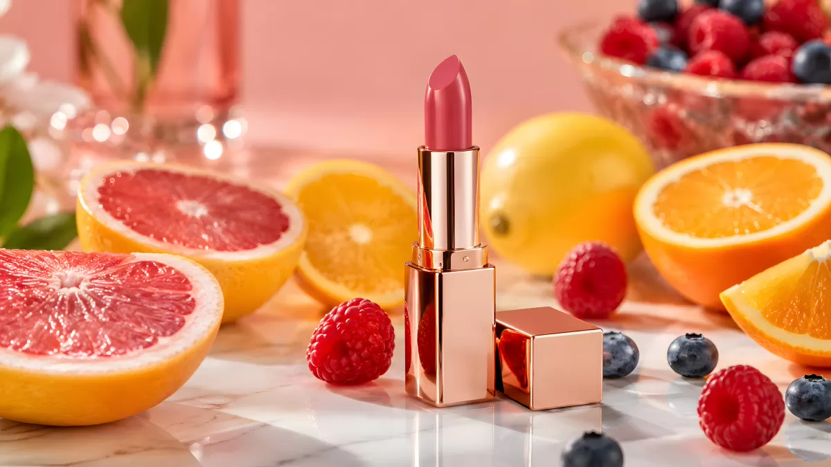 Rosé-Lippenstift mit Zitrusfrüchten und Beeren
