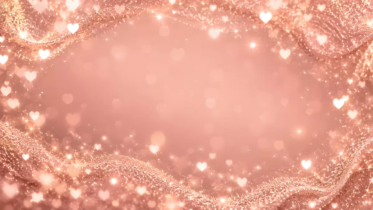 Rosegold Glitzer Hintergrund mit Herzen und Bokeh