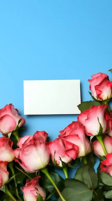 Rosenkranz mit leerer Grußkarte auf blauem Hintergrund