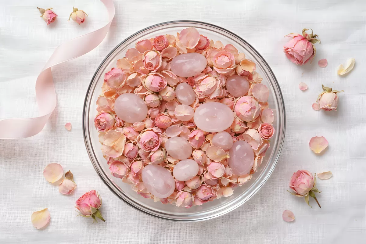 Rosenquarz-Eier in Glasschale mit Rosenknospen