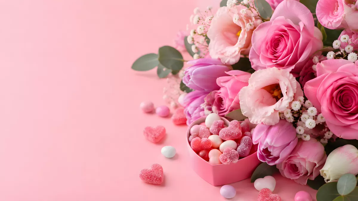 Rosenstrauß mit Herzpralinen und Süßigkeiten in Pink