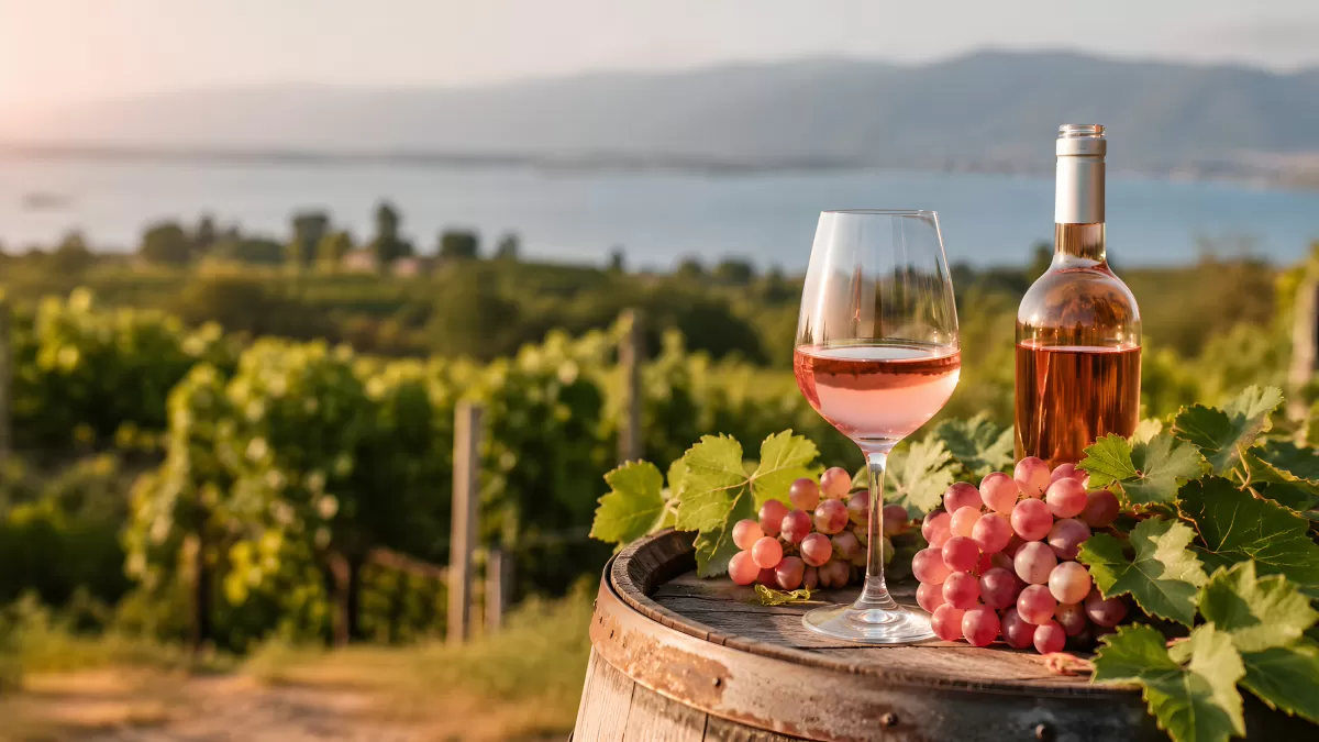 Roséwein auf Holzfass mit Weintrauben im Weinberg
