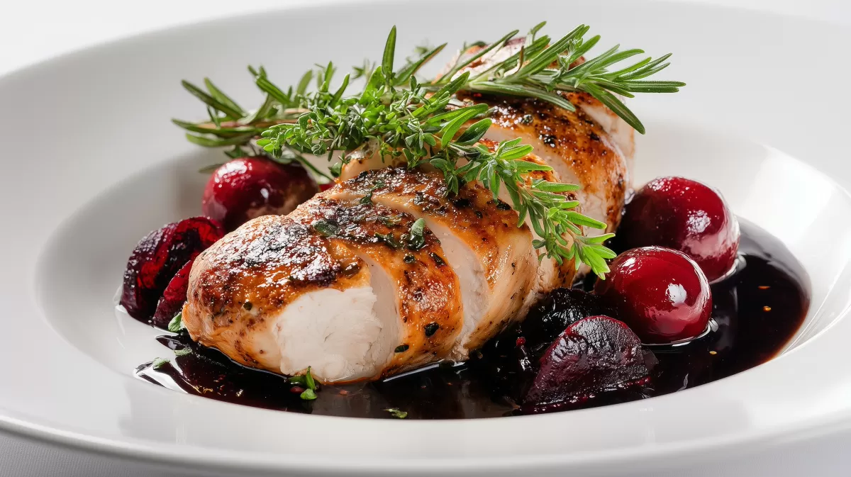 Rosmarin Poulardenbrust mit Rotweinjus und Kirschen